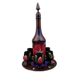 VTG Turned Wood Decanter Set w/ 6 Goblet Shot Glasses & Tray Hand Painted Floral
